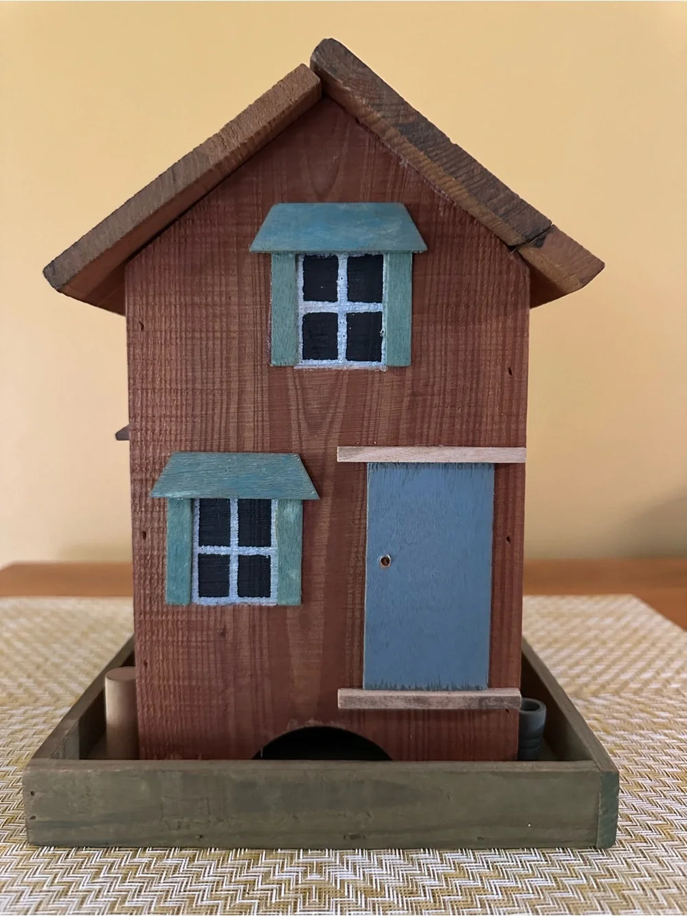 Wooden School House Decorative Bird feeder Brown with Green Accents